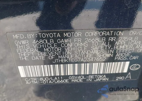 2010 Lexus Es 350 z USA, uszkodzony, nr VIN JTHBK1EG7A2347652